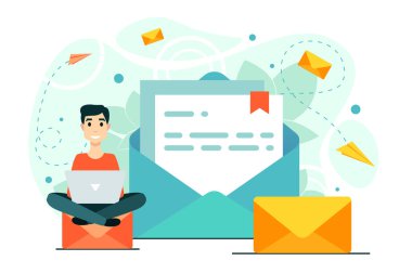 Adam, posta, dizüstü bilgisayar, sohbet. İş akışı, yeni bir e-posta iletisi, postadaki bir bildirim.