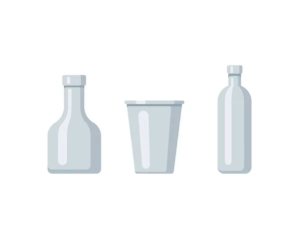 Plastic fles set ontwerp platte olie en drank. Containers van verschillende capaciteiten instellen grote kleine tarra. — Stockvector