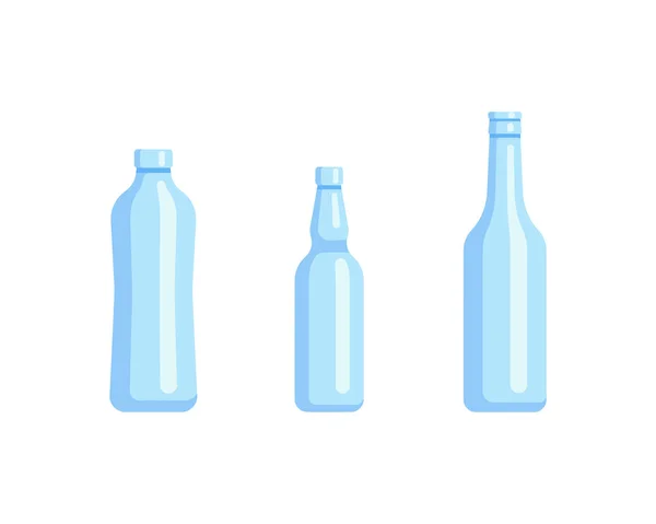 Plastic fles set ontwerp platte olie en drank. Containers van verschillende capaciteiten instellen grote kleine tarra. — Stockvector