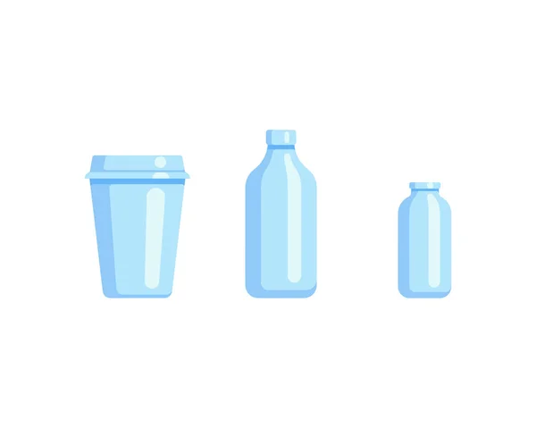 Bottiglia di plastica set design piatto olio e bevande. Set contenitori di diverse capacità grande piccola tara . — Vettoriale Stock