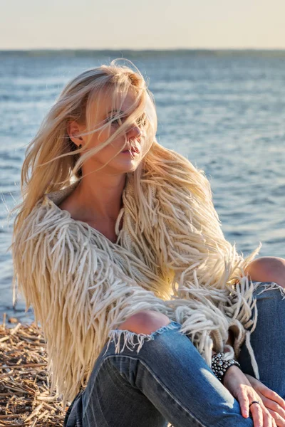 Close Portrait Young Attractive Blond Woman Hair Scattered Flying Wind — Stock Photo, Image