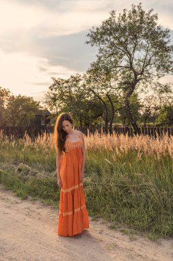 ayar ışınları uzun kızıl saçlı güneşte uzun vintage yaz elbise palisade yakınındaki bir rustik kumlu yolda yalınayak bir kızdır
