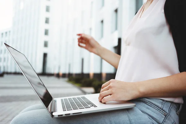 Young Student Woman Sits City Park Modern Laptop Close Hands — Stock Photo, Image