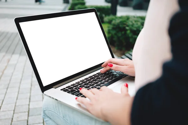 Back View Woman Student Work Laptop Keyboard Outdoors Urban Close — Stock Photo, Image