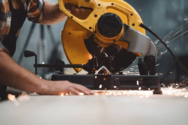 Close View Hands Mechanic Angular Grinding Machine Action Sparks Fly — Stock Photo, Image