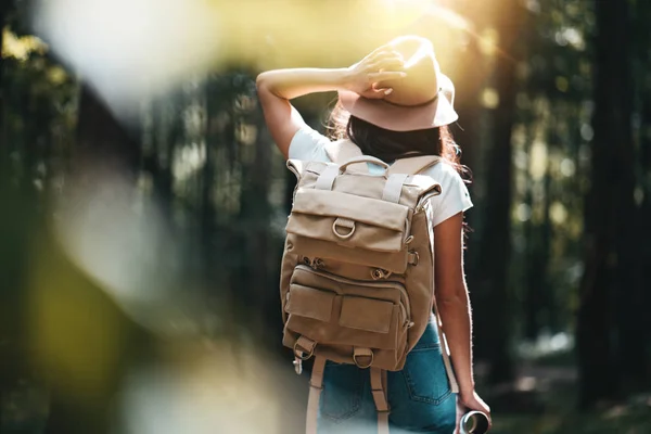 Young Woman Traveler Backpack Walking Trees Forest Sunset — Stock Photo, Image