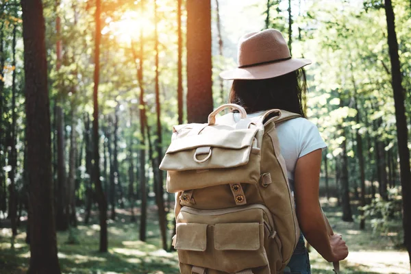 Vue Arrière Sur Beau Voyageur Hipster Girl Avec Sac Dos — Photo