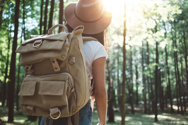 Handsome Traveler Woman Backpack Hat Standing Forest Young Hipster Girl — Stock Photo, Image