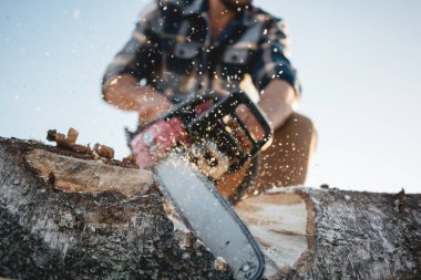 Güçlü oduncu giyen ekose gömlek ve şapka chainsaw kereste kullanın. Talaş sinek apart