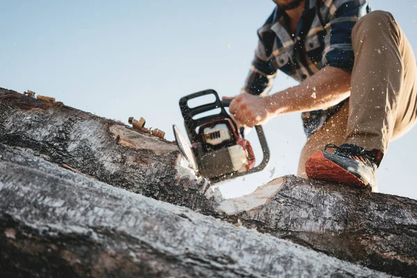 製材所の強い専門製材業者使用チェーンソー 大きな木を製材の木こり — ストック写真