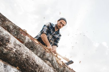 Acımasız oduncu keskin balta, farklı yönlere cips dağılım ile orman keser
