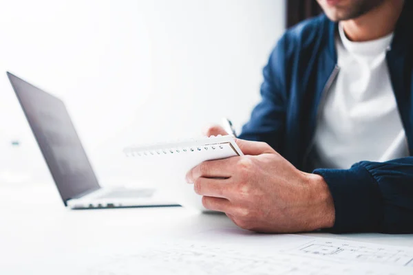 Close View Hand Hold Notepad Businessman While Working Office Using — Stock Photo, Image