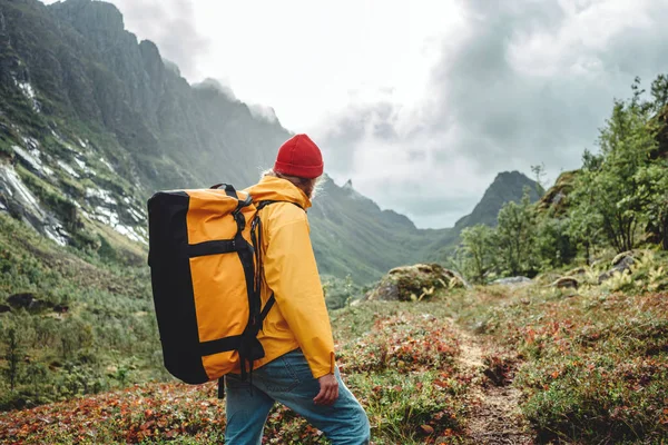 Tourist Backpack Standing Front Mountain Massif While Journey Scandinavian Male — Stock Photo, Image