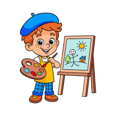 Yüzünde palet, fırça ve basit sanat eserleriyle sehpada gülümseyen çizgi film çocuğu.