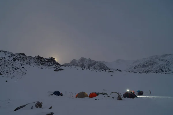 Climbing camp high in the mountains. Moonlight.