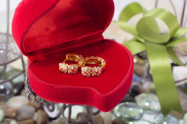 Altın küpe, deniz ile. doğal elmas bir taze, rahat kavramı ile gümüş takılar. En az stili.