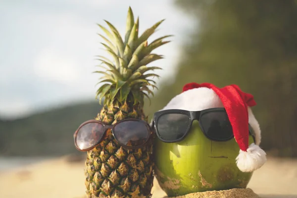 Kokosnuss Urlaub Mit Gläsern Und Weihnachtsmann Hut Und Ananas Konzept — Stockfoto