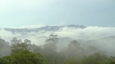 Dağları kaplayan yemyeşil yağmur bulutlarındaki köylerin havadan görünüşü, Tayland 'ın güneyindeki yağmur mevsiminde tropikal yağmur ormanları..
