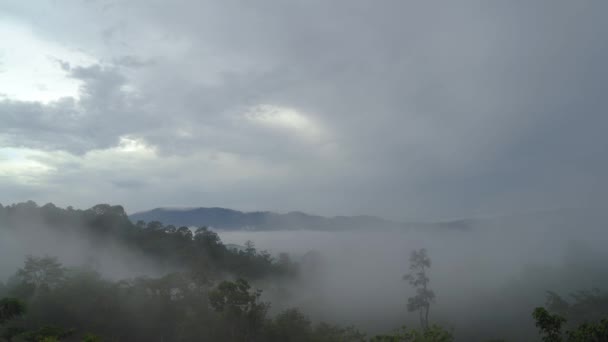 Vista Aérea Aldeias Nuvens Chuva Exuberantes Cobrindo Montanhas Florestas Tropicais — Vídeo de Stock