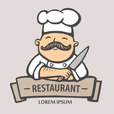 Restoran logosunu görmeniz gerekir. El vektör çizim Şef-Ocak bir bıyık ve bıçak ile çekilmiş. Şef pişirici logosu.