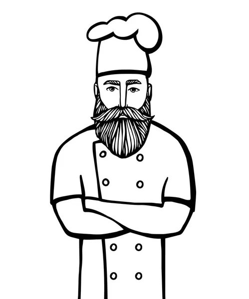 Ręcznie rysowane ilustracja wektorowa hipster szef kuchenka z wąsy i brodę w białej sukni. Chief kuchenka logo. — Wektor stockowy