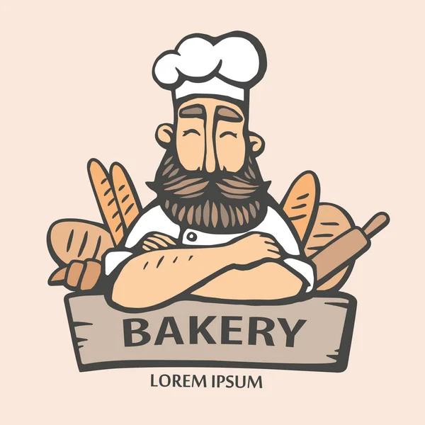 Logo de panadería. Ilustración vectorial dibujada a mano de la cocina principal con un bigote y barba con un pan. logo principal . — Archivo Imágenes Vectoriales
