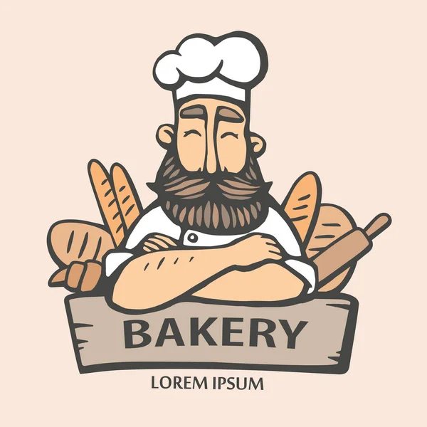 Fırın logosu. El vektör çizim Şef-Ocak bir bıyık ve sakal bir ekmek ile çekilmiş. Şef logosu.