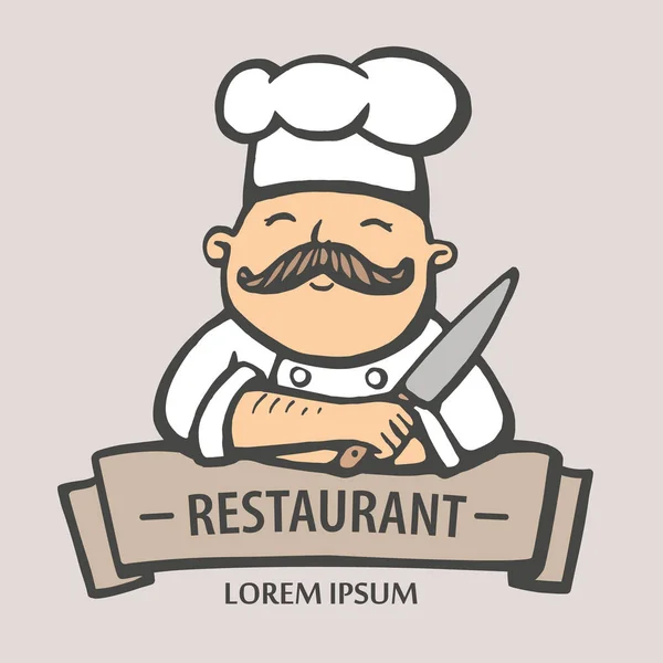 Εστιατόριο το λογότυπο. Χέρι διανυσματικά εικονογράφηση του επικεφαλής-κουζίνα με ένα μουστάκι και το μαχαίρι. Προϊστάμενος-κουζίνα λογότυπο. — Διανυσματικό Αρχείο