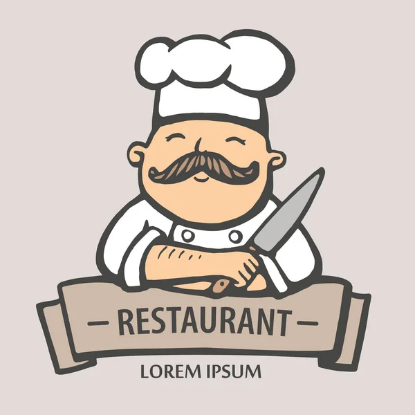 Restoran logosunu görmeniz gerekir. El vektör çizim Şef-Ocak bir bıyık ve bıçak ile çekilmiş. Şef pişirici logosu.
