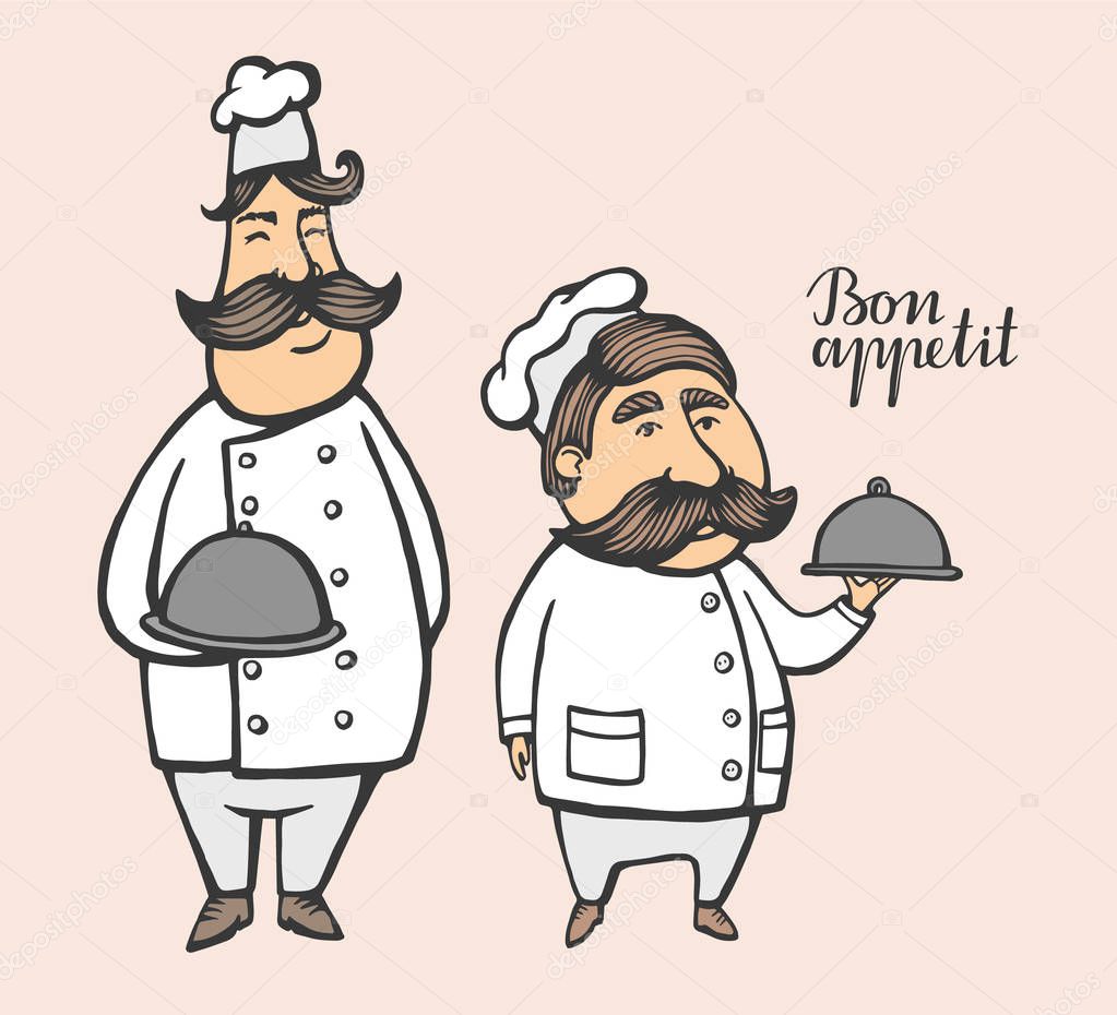 Hand drawn vector illustration of chief cooker with a mustache in a white dress with a dish. chief logo.