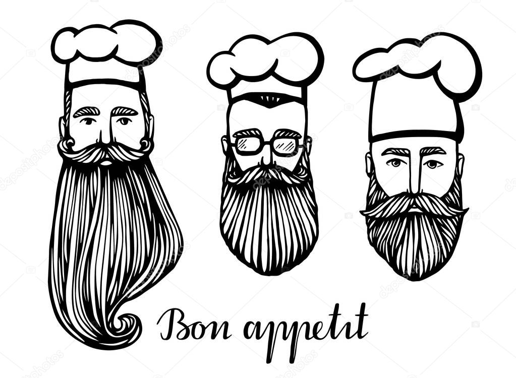 Set of Hand drawn vector illustration of hipster chief-cooker with a mustache and beard in white hat. chief logo.