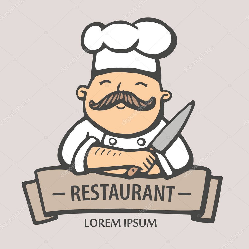 Restaurant logo. Hand drawn vector illustration of chief-cooker with a mustache and knife in a white dress. chief logo.