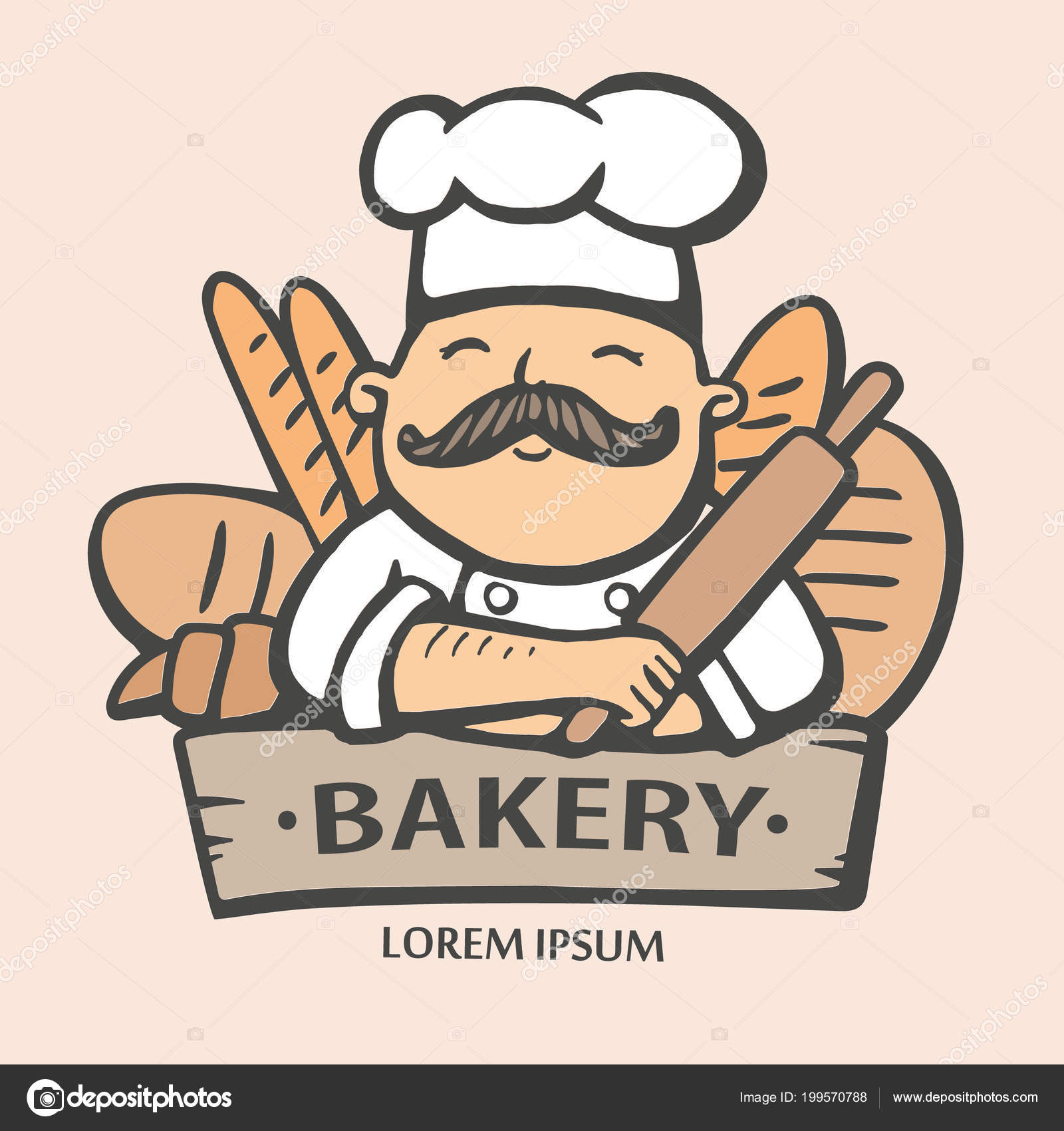 Bakery Logo Hand Drawn Vector Illustration Of Chief Cooker With A