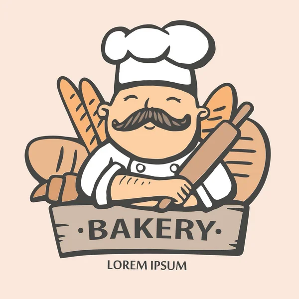 Fırın logosu. Şef pişirici bıyıklı ve bir ekmek ile elle çizilmiş vektör çizim. Şef logosu.
