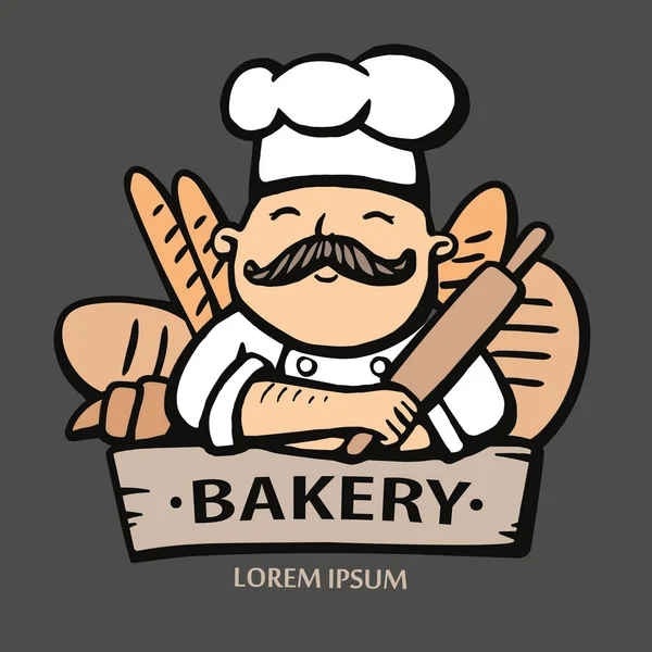 Fırın logosu. Şef pişirici bıyıklı ve bir ekmek ile elle çizilmiş vektör çizim. Şef logosu.
