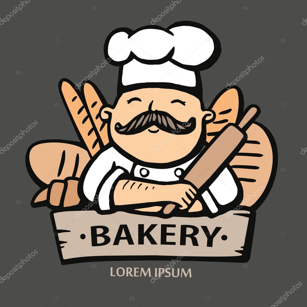 Bakery logo. Hand drawn vector illustration of chief-cooker with a mustache. chief logo.