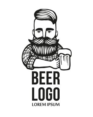 Bıyık, sakal bira ile çizilmiş hipster dostum. Alkol cam olan adam. Vektör logosu. Çıkartmalar, logo, amblem