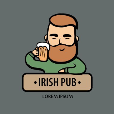 Bıyık, sakal bira ile çizilmiş hipster dostum. Alkol cam olan adam. Vektör logosu. Çıkartmalar, logo, amblem
