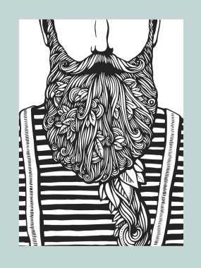 Hipster kafa ile çiçeklenme sakallı yapraklar. Doodle çizilmiş. Vektör çizim. El çizgi film karakteri çekilmiş. Sakallı adam şablonu