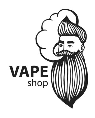 Bıyık ve sakal ile çizilmiş hipster logo. Adam vape ve bulut. Elektronik sigara. Vektör. Çıkartmalar, logo, amblem
