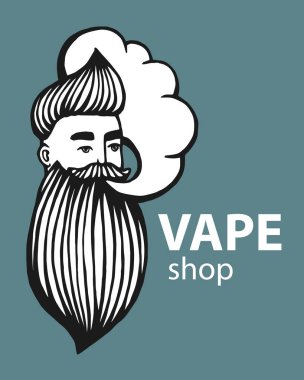 Bıyık ve sakal ile çizilmiş hipster logo. Adam vape ve bulut. Elektronik sigara. Vektör. Çıkartmalar, logo, amblem