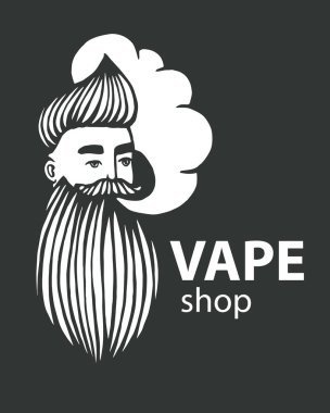 Bıyık ve sakal ile çizilmiş hipster logo. Adam vape ve bulut. Elektronik sigara. Vektör. Çıkartmalar, logo, amblem
