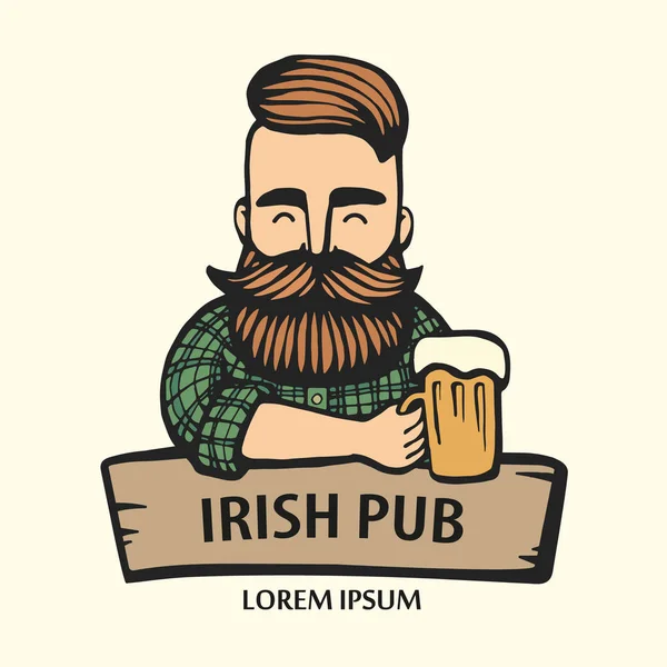 Bıyık, sakal bira ile çizilmiş hipster dostum. Alkol cam olan adam. Vektör logosu. Çıkartmalar, logo, amblem