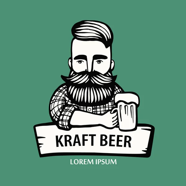 Bıyık, sakal bira ile çizilmiş hipster dostum. Alkol cam olan adam. Vektör logosu. Çıkartmalar, logo, amblem