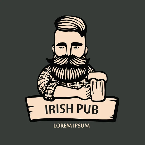 Bıyık, sakal bira ile çizilmiş hipster dostum. Alkol cam olan adam. Vektör logosu. Çıkartmalar, logo, amblem