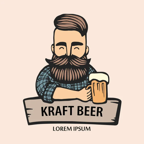 Bıyık, sakal bira ile çizilmiş hipster dostum. Alkol cam olan adam. Vektör logosu. Çıkartmalar, logo, amblem
