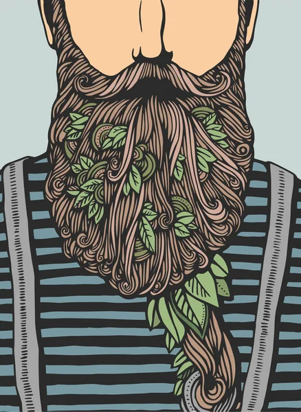 Голова хипстера с цветущей бородой и листочками. Ручной рисунок Дудла. Векторная иллюстрация. Ручной рисунок персонажа мультфильма. Шаблон бородатого человека — стоковый вектор