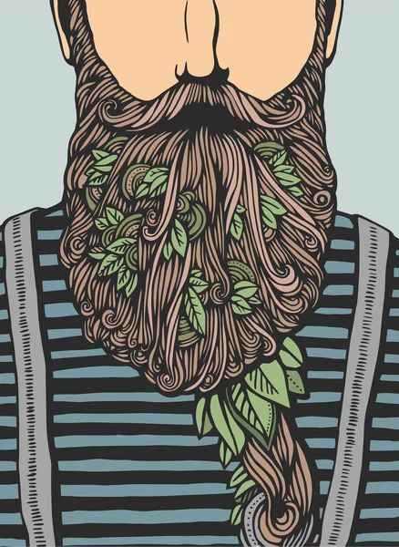 Hipster κεφάλι με ανθισμένα γενειάδα με φύλλα. Χέρι Doodle. Εικονογράφηση διάνυσμα. Χέρι που χαρακτήρα κινουμένων σχεδίων. Γενειοφόρος άνδρας πρότυπο — Διανυσματικό Αρχείο