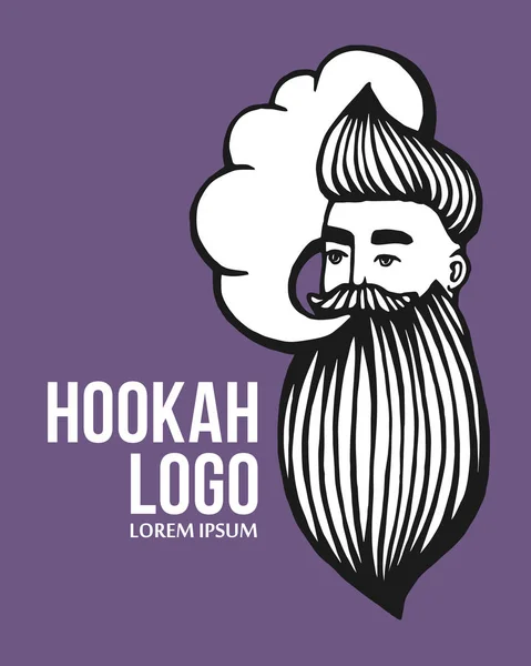 Nargile ve çizilmiş hipster logolu bıyık ve sakal. Bulut olan adam. Vektör nargile logosunu görmeniz gerekir. Çıkartmalar, logo, amblem