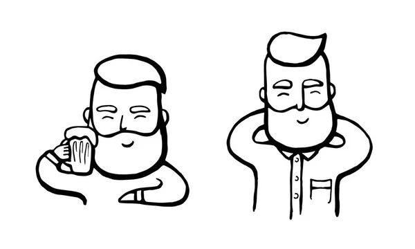 Tipo hipster dibujado a mano con bigote y barba relajante. Felices hombres sonrientes con cerveza. Ilustración vectorial. Pegatinas, logotipo, emblema — Vector de stock